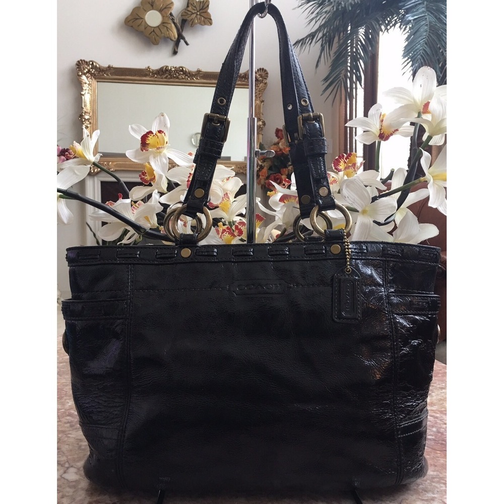 COACH Gallery East West Black Patent Leather Tote Shoulder Handbag F11500 EUC